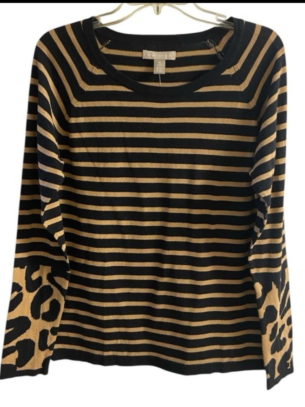 Banana Republic Black and Tan Striped Long Sleeve Top with Leopard Cuffs XL NWT
